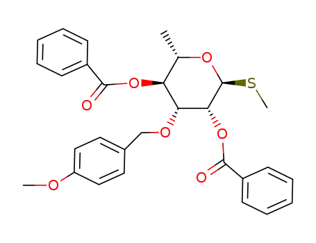Molecular Structure of 151967-74-7 (methyl 2,4-di-O-benzoyl-3-O-(4-methoxybenzyl)-1-thio-α-L-rhamnopyranoside)