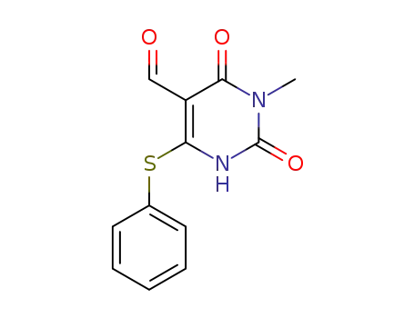 Molecular Structure of 69139-09-9 (3-methyl-2,4-dioxo-6-(phenylsulfanyl)-1,2,3,4-tetrahydropyrimidine-5-carbaldehyde)