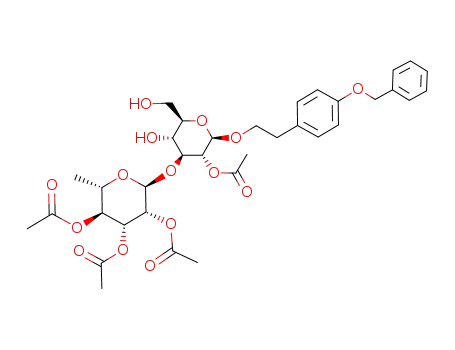 Molecular Structure of 916458-86-1 ((4-benzyloxyphenyl)ethyl (2,3,4-tri-O-acetyl-α-L-rhamnopyranosyl)-(1->3)-2-O-acetyl-β-D-glucopyranoside)