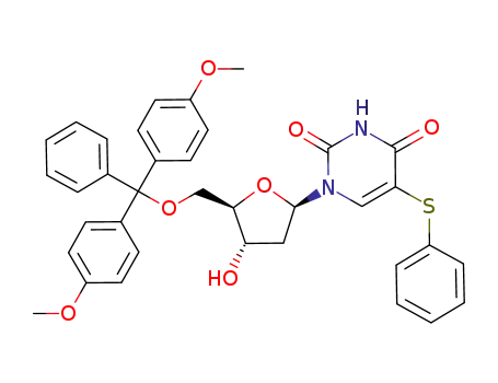 Molecular Structure of 212075-44-0 (1-{(2R,4S,5R)-5-[Bis-(4-methoxy-phenyl)-phenyl-methoxymethyl]-4-hydroxy-tetrahydro-furan-2-yl}-5-phenylsulfanyl-1H-pyrimidine-2,4-dione)