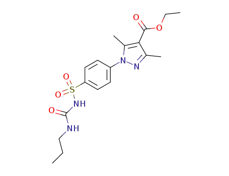 Molecular Structure of 88281-44-1 (1H-Pyrazole-4-carboxylic acid,
3,5-dimethyl-1-[4-[[[(propylamino)carbonyl]amino]sulfonyl]phenyl]-, ethyl
ester)