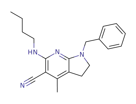 Molecular Structure of 105678-64-6 (1H-Pyrrolo[2,3-b]pyridine-5-carbonitrile,
6-(butylamino)-2,3-dihydro-4-methyl-1-(phenylmethyl)-)