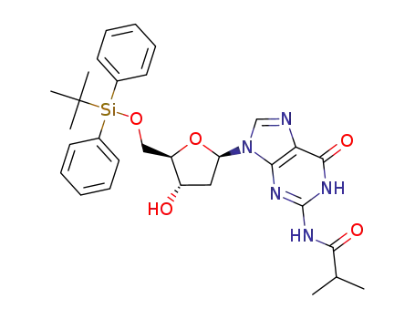 Molecular Structure of 157729-42-5 (1-(5-O-(tert-butyldiphenylsilyl)-2′-deoxy-β-D-erythro-pentofuranosyl)-N<sup>2</sup>-isobutyrylguanine)