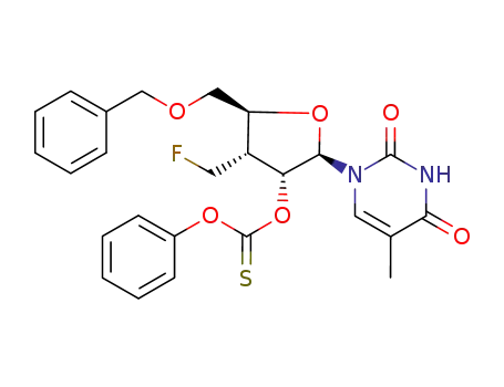 Molecular Structure of 1025950-14-4 (Thiocarbonic acid O-[(2R,3R,4R,5S)-5-benzyloxymethyl-4-fluoromethyl-2-(5-methyl-2,4-dioxo-3,4-dihydro-2H-pyrimidin-1-yl)-tetrahydro-furan-3-yl] ester O-phenyl ester)