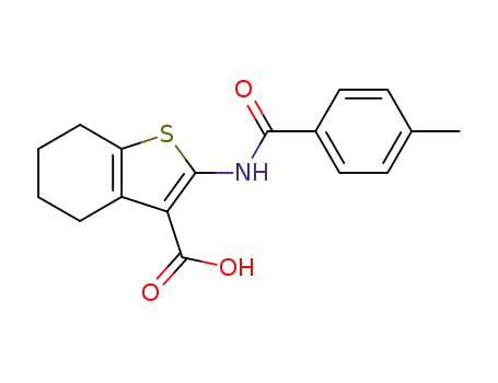 Molecular Structure of 52535-75-8 (2-(4-methyl-benzoylamino)-4,5,6,7-tetrahydro-benzo[<i>b</i>]thiophene-3-carboxylic acid)