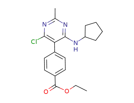 Molecular Structure of 917895-90-0 (Benzoic acid, 4-[4-chloro-6-(cyclopentylamino)-2-methyl-5-pyrimidinyl]-,
ethyl ester)