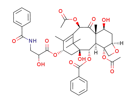 Molecular Structure of 131760-46-8 ((2alpha,5beta,7beta,10beta,13alpha)-4,10-bis(acetyloxy)-13-{[(2R)-3-(benzoylamino)-2-hydroxypropanoyl]oxy}-1,7-dihydroxy-9-oxo-5,20-epoxytax-11-en-2-yl benzoate)