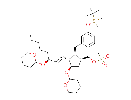 Molecular Structure of 81846-27-7 (Cyclopentanemethanol, 2-[[3-[[(1,1-dimethylethyl)dimethylsilyl]oxy]phenyl]methyl]-4-[(tetrahydro-2 H-pyran-2-yl)oxy]-3-[3-[(tetrahydro-2H-pyran-2-yl)oxy]-1-octenyl]-, methanesulfonate, [1S-[1a,2a,3b(1E,3R*),4a]]-)