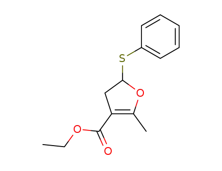 Molecular Structure of 141764-76-3 (3-Furancarboxylic acid, 4,5-dihydro-2-methyl-5-(phenylthio)-, ethyl ester)