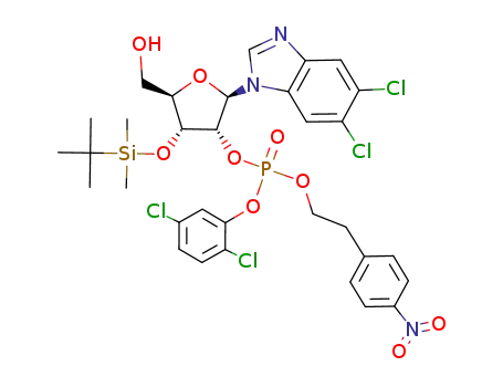 Molecular Structure of 137016-63-8 (1-(3-O-tert-butyldimethylsilyl-β-D-ribofuranosyl)-5,6-dichlorobenzimidazole 2'-<2,5-dichlorophenyl 2-(4-nitrophenyl)ethyl phosphate>)