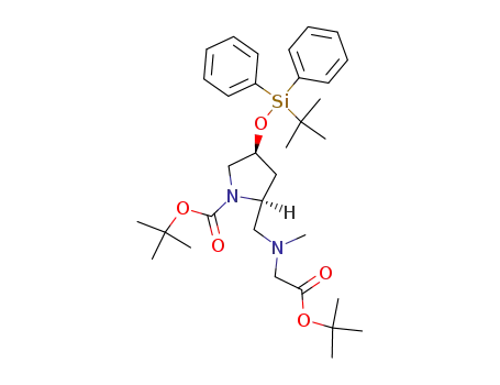 Molecular Structure of 887923-75-3 (2-[(<i>tert</i>-butoxycarbonylmethyl-methyl-amino)-methyl]-4-(<i>tert</i>-butyl-diphenyl-silanyloxy)-pyrrolidine-1-carboxylic acid <i>tert</i>-butyl ester)