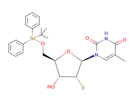 Molecular Structure of 110497-15-9 (1-[5-(<i>tert</i>-butyl-diphenyl-silanyloxymethyl)-3-fluoro-4-hydroxy-tetrahydro-furan-2-yl]-5-methyl-1<i>H</i>-pyrimidine-2,4-dione)