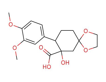 Molecular Structure of 121537-75-5 (8-(3,4-Dimethoxy-phenyl)-7-hydroxy-1,4-dioxa-spiro[4.5]decane-7-carboxylic acid)