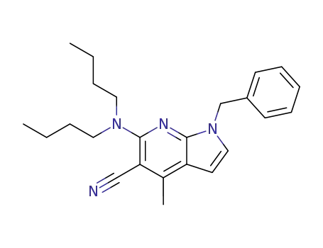Molecular Structure of 105698-85-9 (1H-Pyrrolo[2,3-b]pyridine-5-carbonitrile,
6-(dibutylamino)-4-methyl-1-(phenylmethyl)-)