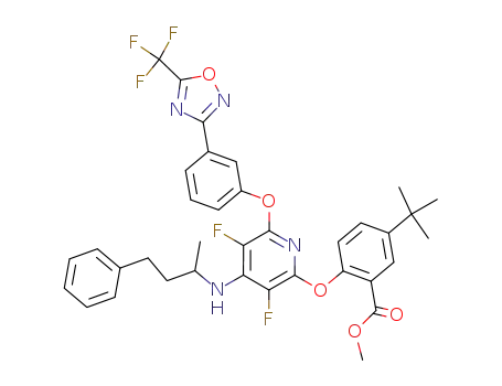 Molecular Structure of 867218-25-5 (5-<i>tert</i>-butyl-2-{3,5-difluoro-4-(1-methyl-3-phenyl-propylamino)-6-[3-(5-trifluoromethyl-[1,2,4]oxadiazol-3-yl)-phenoxy]-pyridin-2-yloxy}-benzoic acid methyl ester)