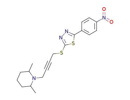Molecular Structure of 84474-29-3 (2,6-Dimethyl-1-{4-[5-(4-nitro-phenyl)-[1,3,4]thiadiazol-2-ylsulfanyl]-but-2-ynyl}-piperidine)