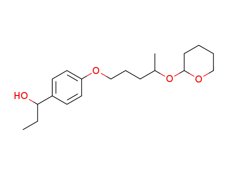Molecular Structure of 77262-53-4 (Benzenemethanol,
a-ethyl-4-[[4-[(tetrahydro-2H-pyran-2-yl)oxy]pentyl]oxy]-)