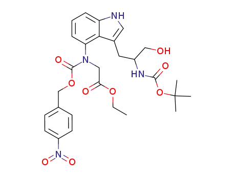 Molecular Structure of 84590-36-3 ([[3-(2-tert-Butoxycarbonylamino-3-hydroxy-propyl)-1H-indol-4-yl]-(4-nitro-benzyloxycarbonyl)-amino]-acetic acid ethyl ester)