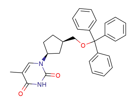 Molecular Structure of 883742-51-6 (5-Methyl-1-((1S,3R)-3-trityloxymethyl-cyclopentyl)-1H-pyrimidine-2,4-dione)