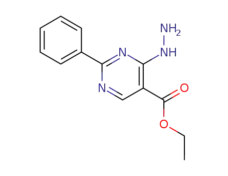 Molecular Structure of 139438-53-2 (5-Pyrimidinecarboxylic acid, 4-hydrazino-2-phenyl-, ethyl ester)