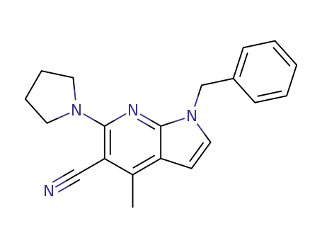 Molecular Structure of 105678-53-3 (1H-Pyrrolo[2,3-b]pyridine-5-carbonitrile,
4-methyl-1-(phenylmethyl)-6-(1-pyrrolidinyl)-)