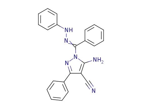 Molecular Structure of 93585-21-8 (1H-Pyrazole-4-carbonitrile,
5-amino-3-phenyl-1-[phenyl(phenylhydrazono)methyl]-)