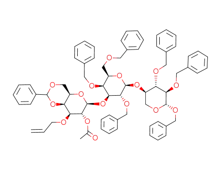Molecular Structure of 144985-28-4 (Acetic acid (4aR,6S,7R,8S,8aS)-8-allyloxy-6-[(2R,3S,4S,5R,6S)-3,5-bis-benzyloxy-2-benzyloxymethyl-6-((3R,4S,5R,6R)-4,5,6-tris-benzyloxy-tetrahydro-pyran-3-yloxy)-tetrahydro-pyran-4-yloxy]-2-phenyl-hexahydro-pyrano[3,2-d][1,3]dioxin-7-yl ester)