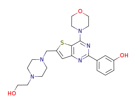 Molecular Structure of 885617-20-9 (1-Piperazineethanol, 4-[[2-(3-hydroxyphenyl)-4-(4-morpholinyl)thieno[3,2-d]pyrimidin-6-yl]methyl]-)