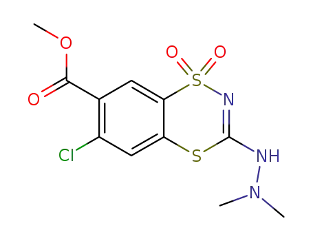 Molecular Structure of 189513-40-4 (1,4,2-Benzodithiazine-7-carboxylic acid,
6-chloro-3-(2,2-dimethylhydrazino)-, methyl ester, 1,1-dioxide)