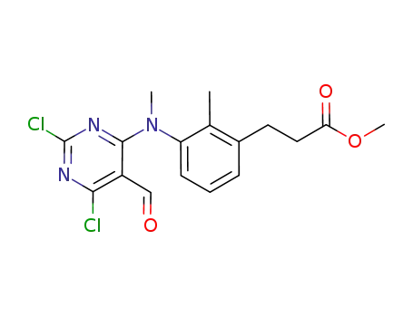 Molecular Structure of 928128-10-3 (Benzenepropanoic acid,
3-[(2,6-dichloro-5-formyl-4-pyrimidinyl)methylamino]-2-methyl-, methyl
ester)