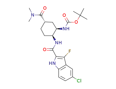 Molecular Structure of 480450-94-0 (t-butyl {(1R,2S,5S)-2-{[(5-chloro-3-fluoroindol-2-yl)carbonyl]amino}-5-[(dimethylamino)carbonyl]cyclohexyl}carbamate)
