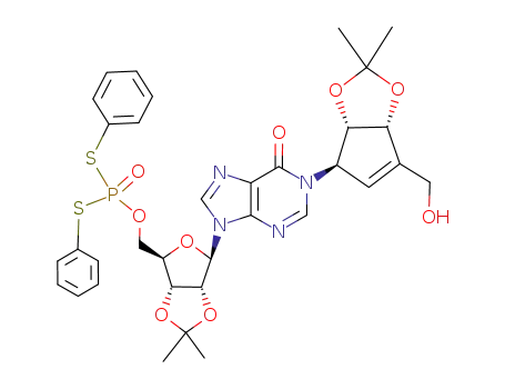 Molecular Structure of 1072463-05-8 (N-1-{(1R,2S,3R)-4-hydroxymethyl-2,3-isopropylidenedioxycyclopent-4-en-1-yl}-5'-O-{bis(phenylthio)phosphoryl}-2',3'-O-isopropylideneinosine)