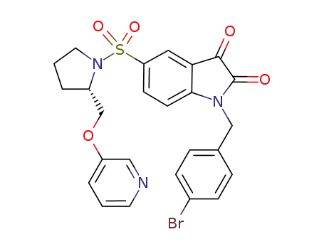 Molecular Structure of 946609-17-2 (1-(4-bromo-benzyl)-5-[2-(pyridin-3-yl-oxymethyl)-pyrrolidine-1-sulfonyl]-1H-indole-2,3-dione)