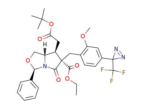 Molecular Structure of 885477-47-4 (7-<i>tert</i>-butoxycarbonylmethyl-6-[2-methoxy-4-(3-trifluoromethyl-3<i>H</i>-diazirin-3-yl)-benzyl]-5-oxo-3-phenyl-tetrahydro-pyrrolo[1,2-<i>c</i>]oxazole-6-carboxylic acid ethyl ester)