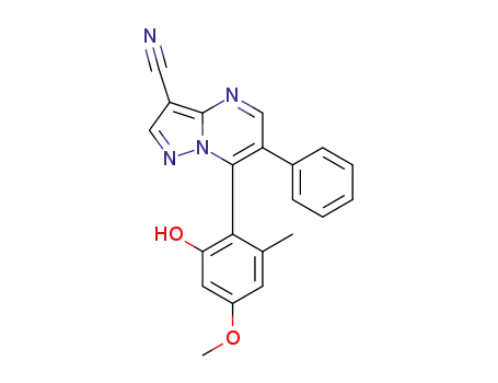 Molecular Structure of 1365659-26-2 (3-cyano-6-phenyl-7-(2-hydroxyl-4-methoxy-6-methylphenyl)pyrazolo[1,5-a]pyrimidine)