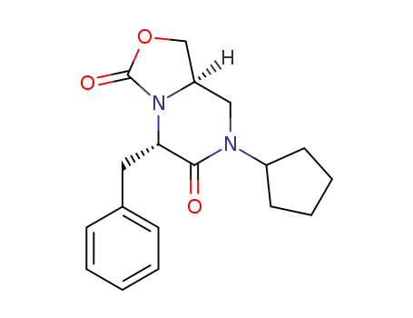 Molecular Structure of 1309455-16-0 ((5S,8aR)-5-benzyl-7-cyclopentyl-8,8a-dihydro-1H-oxazolo[3,4-a]pyrazine-3,6(5H,7H)-dione)