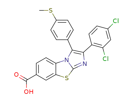 Molecular Structure of 1370023-99-6 (2-(2,4-dichlorophenyl)-3-[4-(methylsulfanyl)phenyl]imidazo[2,1-b][1,3]benzothiazole-7-carboxylic acid)