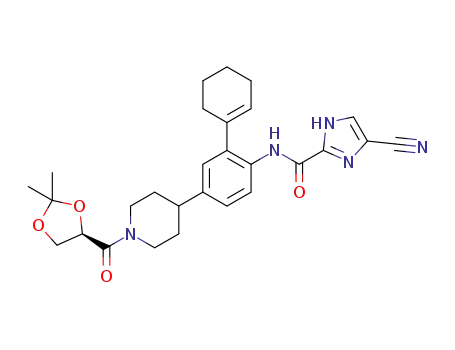 Molecular Structure of 885693-41-4 (5-cyano-1H-imidazole-2-carboxylic acid {2-cyclohex-1-enyl-4-[1-(R)-(+)-(2,2-dimethyl-[1,3]dioxolane-4-carbonyl)-piperidin-4-yl]-phenyl}-amide)