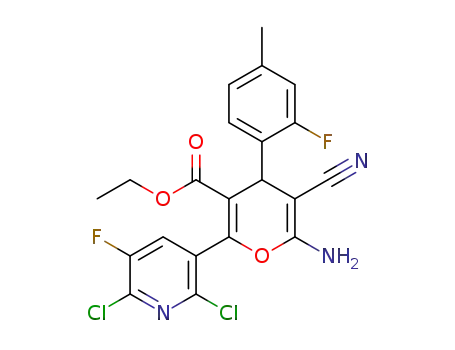 Molecular Structure of 1248444-41-8 (ethyl 6-amino-5-cyano-2-(2,6-dichloro-5-fluoropyridin-3-yl)-4-(2-fluoro-4-methylphenyl)-4H-pyran-3-carboxylate)
