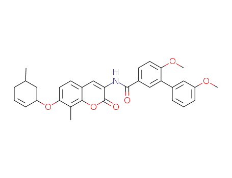 Molecular Structure of 1160950-87-7 (3',6-dimethoxy-N-(8-methyl-7-(5-methylcyclohex-2-enyloxy)-2-oxo-2H-chromen-3-yl)biphenyl-3-carboxamide)