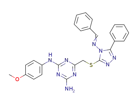 Molecular Structure of 1269527-25-4 (6-{[4-(benzylideneamino)-5-phenyl-4H-1,2,4-triazol-3-ylthio]methyl}-N<sub>2</sub>-(4-methoxyphenyl)-1,3,5-triazine-2,4-diamine)