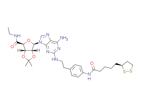 Molecular Structure of 1365619-29-9 (2-(2-(4-N-(4-(1,2-dithiolane)pentanecarboxy)aminophenyl))ethylamino-2',3'-isopropylideneadenosine-5'-N-ethylcarboxamide)