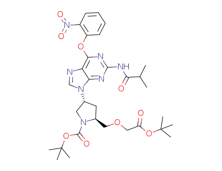 Molecular Structure of 876954-02-8 ((2S,4R)-2-(tert-butoxycarbonylmethoxymethyl)-4-[2-isobutyrylamino-6-(2-nitrophenoxy)-purin-9-yl]-pyrrolidine-1-carboxylic acid tert-butyl ester)