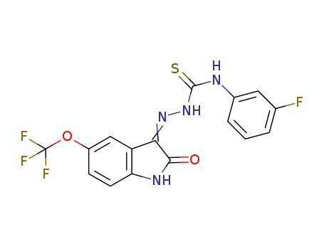 Molecular Structure of 1332336-83-0 (N-(3-fluorophenyl)-2-[2-oxo-5-(trifluoromethoxy)-1,2-dihydro-3H-indol-3-ylidene]-1-hydrazinecarbothioamide)