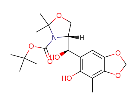 Molecular Structure of 654643-98-8 ((R)-4-[(R)-Hydroxy-(6-hydroxy-7-methyl-benzo[1,3]dioxol-5-yl)-methyl]-2,2-dimethyl-oxazolidine-3-carboxylic acid tert-butyl ester)