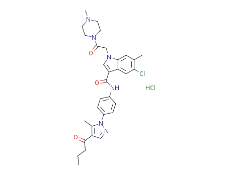 Molecular Structure of 1404535-92-7 ([4-(4-butyryl-5-methyl-pyrazol-1-yl)phenyl]-5-chloro-6-methyl-1-[2-(4-methyl-piperazin-1-yl)-2-oxoethyl]-1H-indole-3-carboxamide hydrochloride)
