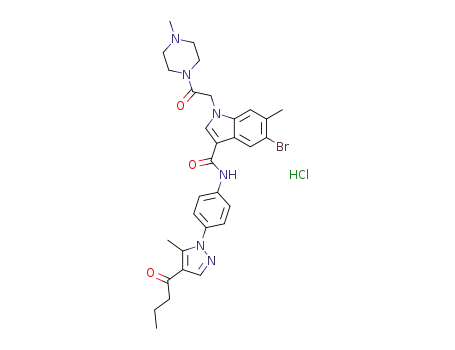 Molecular Structure of 1404535-85-8 ([4-(4-butyryl-5-methyl-pyrazol-1-yl)phenyl]-5-bromo-6-methyl-1-[2-(4-methylpiperazin-1-yl)-2-oxoethyl]-1H-indole-3-carboxamide hydrochloride)