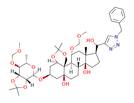 Molecular Structure of 1526915-17-2 ((3S,3aR,5R,5aS,5bR,9aR,11S,12aS,14aR,14bS)-3-((1-benzyl-1H-1,2,3-triazol-4-yl)(hydroxy)methyl)-5-(methoxymethoxy)-11-(((3aR,4R,6S,7S,7aR)-7-(methoxymethoxy)-2,2,6-trimethyltetrahydro-4H-[1,3]dioxolo[4,5-c]pyran-4-yl)oxy)-3a,8,8-trimethyltetradecahydro-6H-cyclopenta[7,8]phenanthro[4,4a-d][1,3]dioxine-12a,14b-diol)