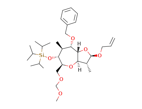 Molecular Structure of 259258-17-8 (((2R,3R,3aR,5S,6R,7S,8S,8aS)-2-Allyloxy-8-benzyloxy-5-methoxymethoxymethyl-3,7-dimethyl-octahydro-furo[3,2-b]oxepin-6-yloxy)-triisopropyl-silane)