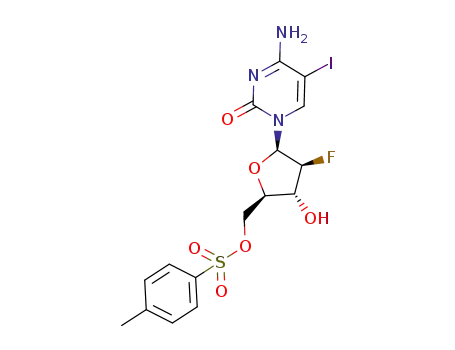 Molecular Structure of 105281-00-3 (Toluene-4-sulfonic acid (2R,3R,4S,5R)-5-(4-amino-5-iodo-2-oxo-2H-pyrimidin-1-yl)-4-fluoro-3-hydroxy-tetrahydro-furan-2-ylmethyl ester)